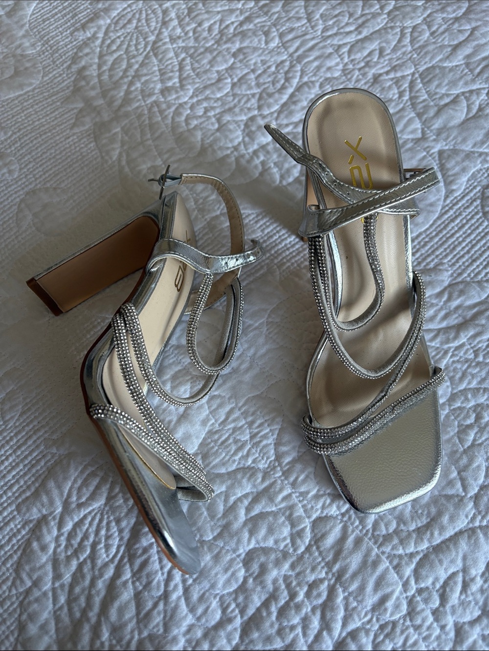 Silver Rhinestone Strappy Block Heel Sandals